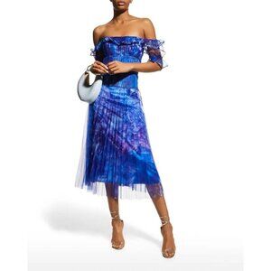 Marchesa Notte Pleated SLEEVELESS Printed Chiffon Dress Royal Blue Womens Size 2